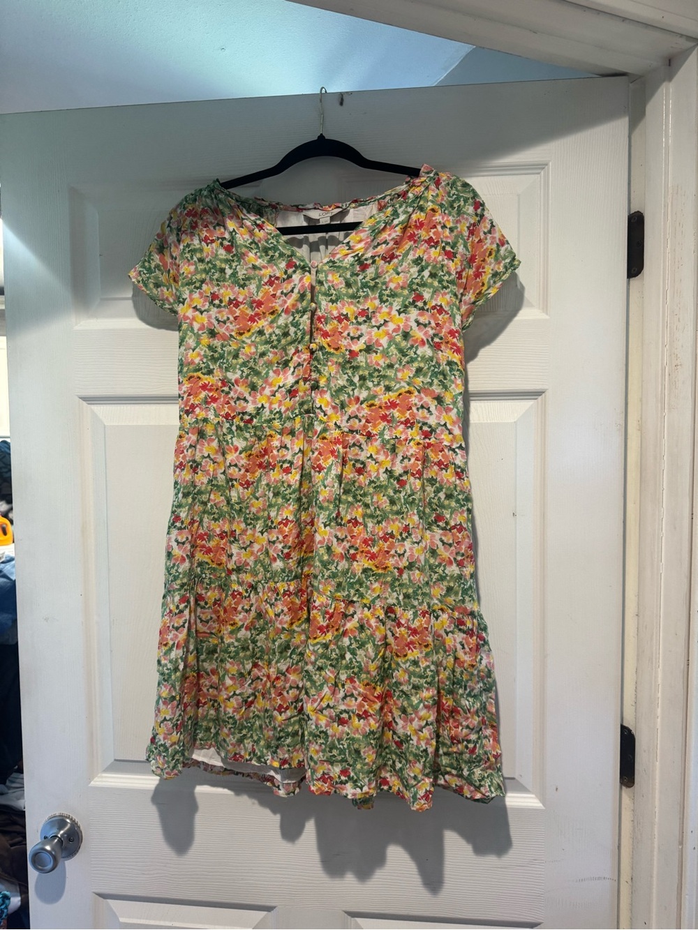 LOFT Floral Short-Sleeve Tiered Summer Dress in Green, Pink, Yellow